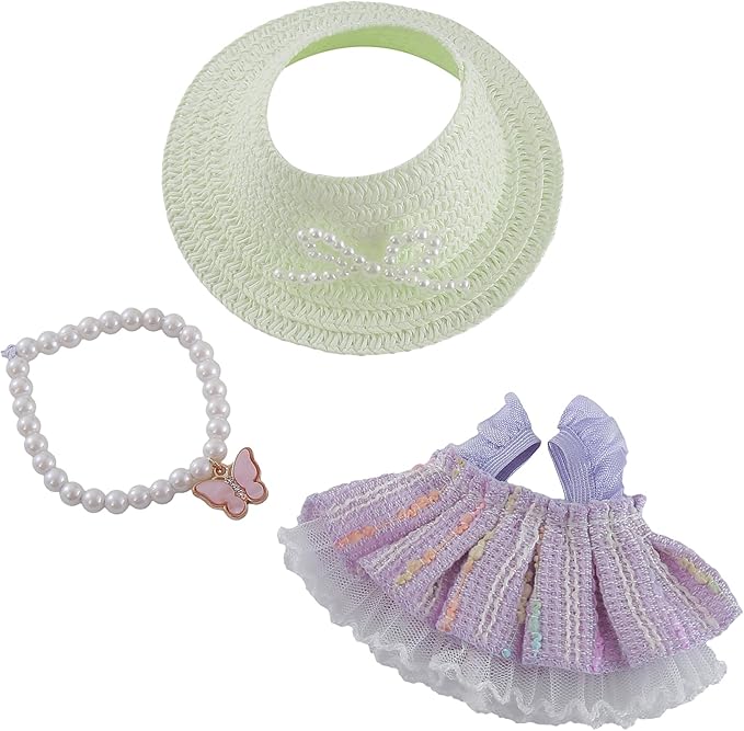 Clothes for Doll 3 PCS 17cm Clothes Set Cute Style Outfit Purple Dress Straw Hat Necklace for 6.7 Inches Doll Only Accessories