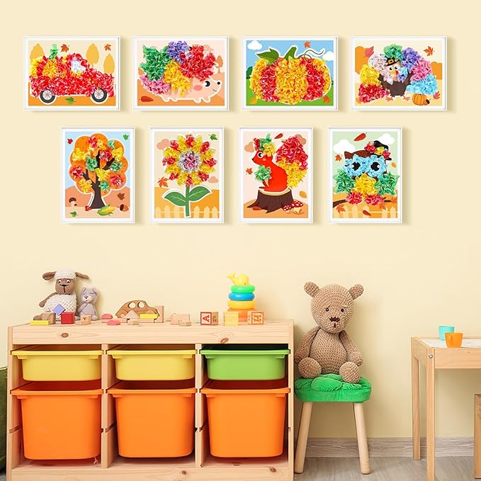 8PCS Poke-in Craft Art Kit Kids Fall Thanksgiving No-Mess Fabric Sewing Girl Boy 4-12 Puzzle Puncture Painting DIY Turkey Pumpkin Fall Harvest Toy Gift Creative Activity Game Birthday Party