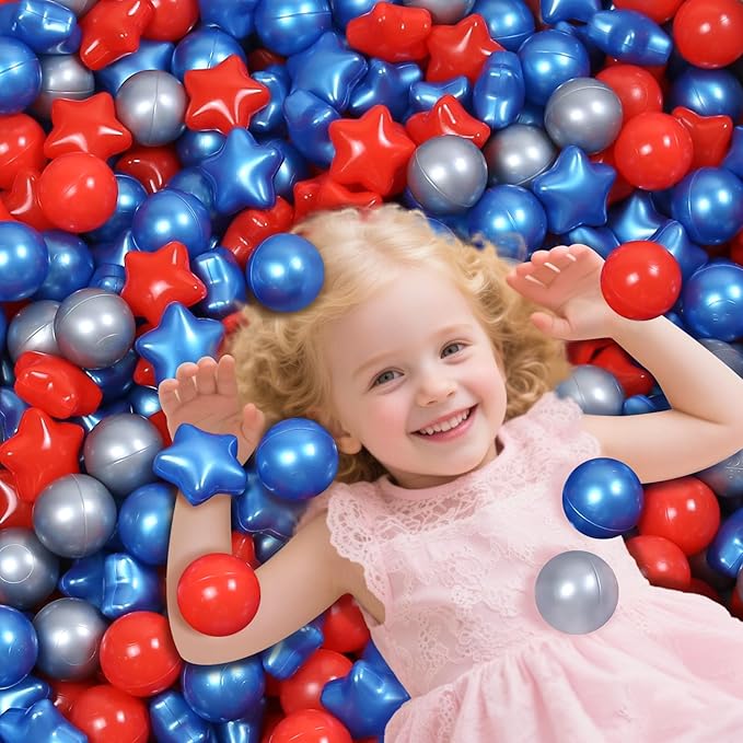 Ball Pit Balls Plastic Stars for Ball Pit BPA Free Plastic Balls Crush and Smash Proof Balls 100pcs 2.2" Set for Toddlers for Play Tent Tunnel (Red+Blue+Silver)