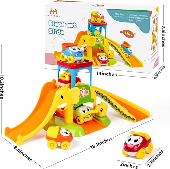 Marstone Toddler Toys for 1 2 Year Old Boys and Girls Gifts: Educational Elephant Slide with 4 Animal Car Toys for Baby 12-18 Months, First for Kids, Learning Push Truck Tracks Age 1-2