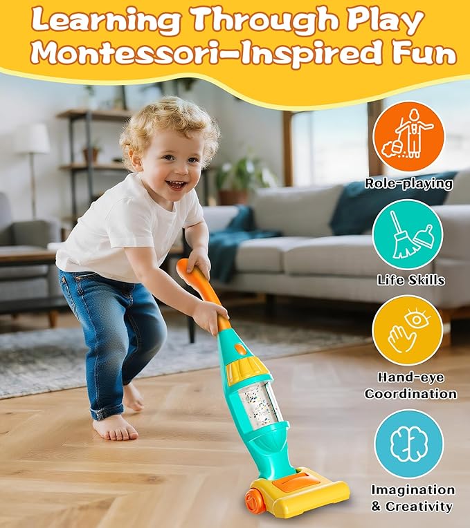 Toddler Vacuum Toy That Works with Lights & Sounds, Pretend Play Toy Vacuum for Toddlers 3-5 Years Old, Baby Vacuum for Boys Girls, Kids Vacuum Cleaner Cleaning Toys with Spray Bottle, 2 Towels