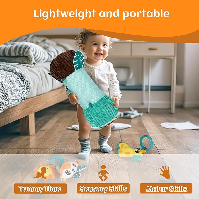 Inflatable Baby Tummy Time Toys Pillow for Newborn, Montessori Baby Sensory Toys Roller with Detachable Mirror, Squeaker, Teether & Rattle, Help with Early Development 3-6 Months (Fox)