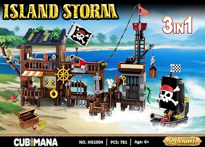 3 Style Pirate Ship Wharf Building Set with LED Light - 781PCS Medieval Pirate's House Building Block Toy, Architecture Bricks Kit for Kids Girls Boys Ages 6-12+ Birthday Gifts