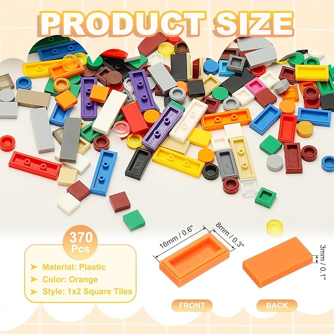 PATIKIL 370 Pcs Flat Blocks Bulk, 1x2 Square Orange Classic Tiles Smooth Surface Mini Building Blocks Accessories Compatible Bricks Kits for Building Floor Walls Mosaic Pixel Arts