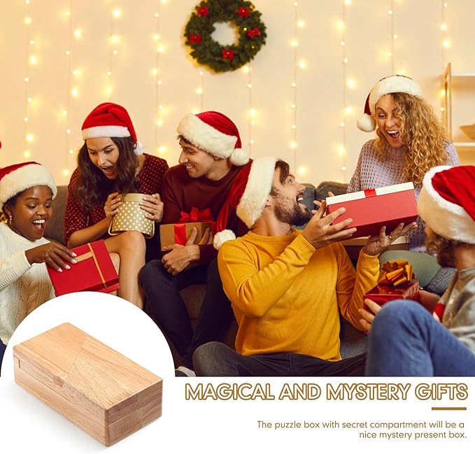 Zhanmai 2 Pack Christmas Puzzle Box Gift Wooden Magic Impossible Dovetail Box Secret Money Case Mini 3D Brain Teaser Case for Valentines Girlfriend Cash Adults Teens(Rectangle,Wood Color)