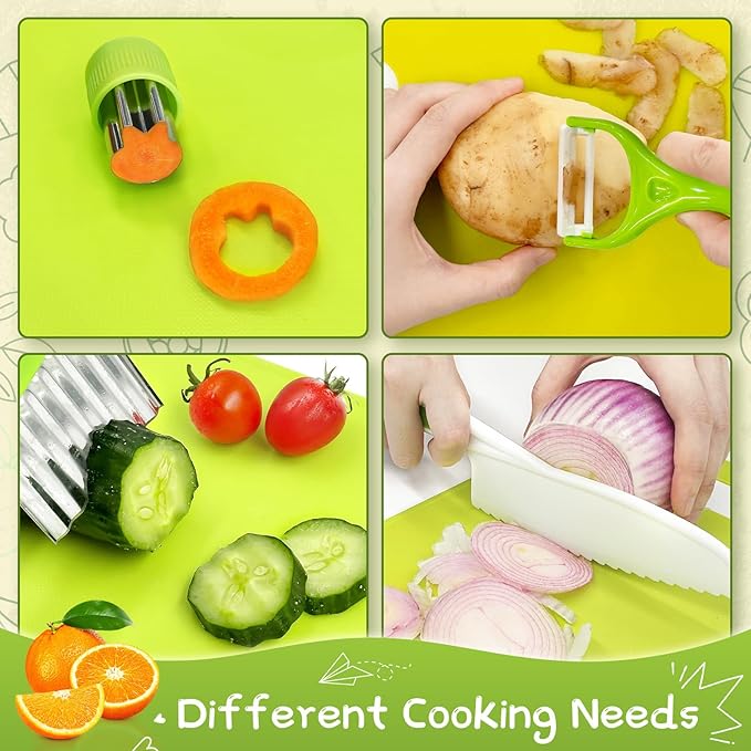 Chanking 15 Pieces Kids Safe Knife Set for Real Cooking Child-Friendly Plastic Chef Tools Montessori Kitchen Toys for Toddlers with Bright Colors Gifts for Boys and Girls