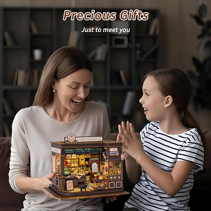 DIY Miniature House Kit - Coffee Shop Wooden Dollhouse Kit with LED Lights -Mini House Making Kit with Furniture - Tiny House kit for Adults to Build - Miniature Kits Craft Gift