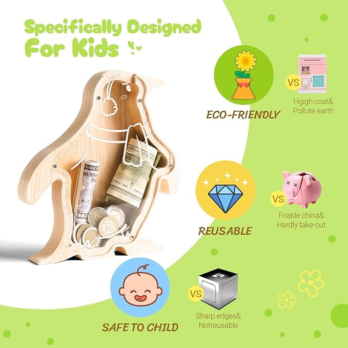 Wooden Penguin Piggy Banks for Kids Money Coin Bank, Cute Unbreakable Piggy Bank Kids Safe Money Box, Toddler Birthday Baptism Gifts for Girls Boys Penguin Lovers, Small