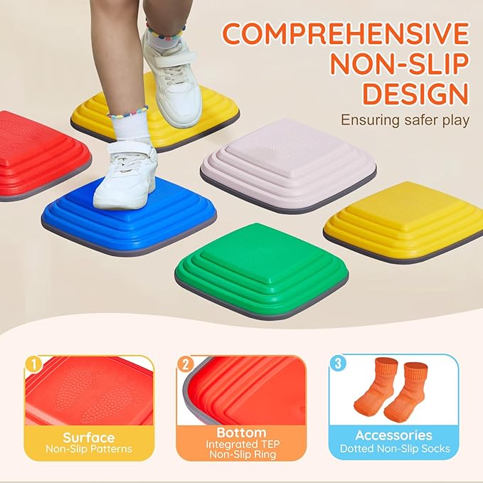 VEVOR Balance Stepping Stones for Kids, 10 PCS, Up to 220 lbs, Non-Slip Toddlers Sensory Stepping Stones, Obstacle Course Coordination Game Toys Indoor or Outdoor Play for Children Aged 3 4 5 6 7 8+