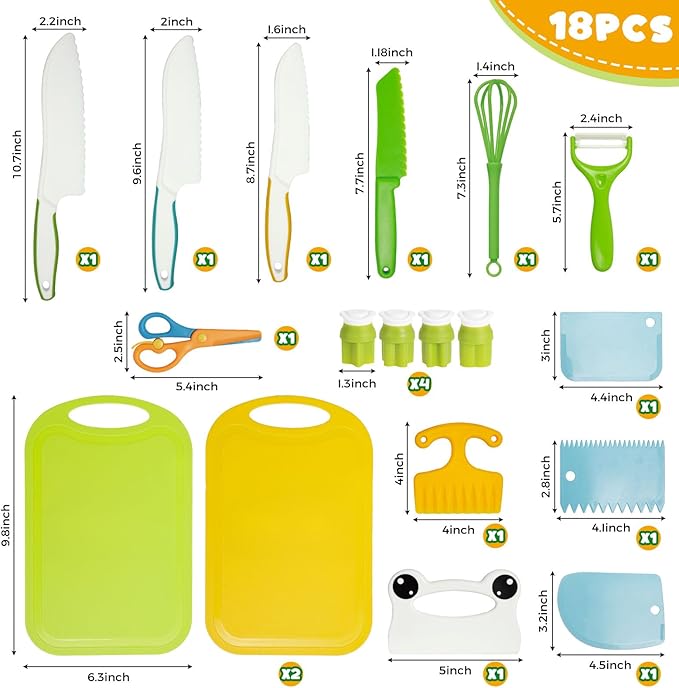 LovesTown 18PCS Kids Kitchen Playset, Kids Cutting Board and Knife Set Toddler Cooking and Baking Toys with Peeler Cutters Homeschool Esstentials