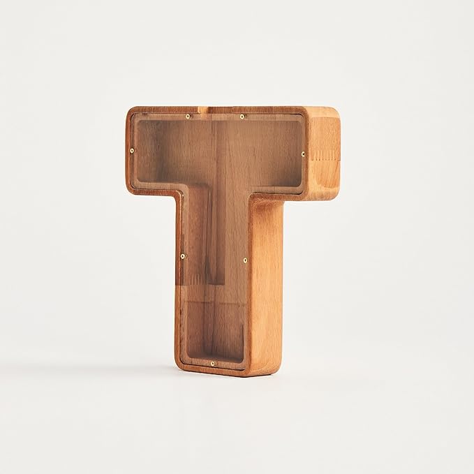 Personalized Wooden Piggy Bank – Custom Letter T Coin Bank in Beech Wood with Clear Acrylic Front, Engraved Name Option, Money Saving Box for Kids and Adults