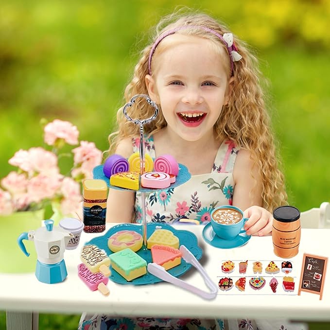 Pretend Tea Party Set for Little Girls, 48 PCS Coffee Maker Set and Play Food Dessert Set for Kids Age 3 4 5 6 7 8 9, Kids Kitchen Pretend Play for Princess Girls Boys(Blue)