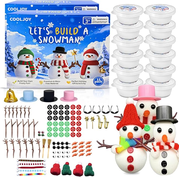 COOLJOY 12 Pack Build a Snowman Kit DIY Snowman Crafts,Air Dry Clay Modeling Crafts Kit,Christmas Stocking Stuffers for Kids,Christmas Gifts for Kids, Snowman Making Kit Toys