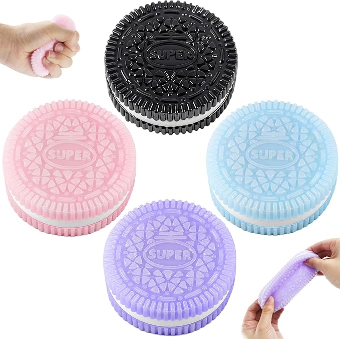 Sticky Cookie Squishies Fidget Toys Adults, Squeeze Toys Sensory Toys for Kids with Autism, Stress Balls for Adults Fidgets Birthday Gifts Party Favors for Kids(4 Pack Pink Black Green Purple)