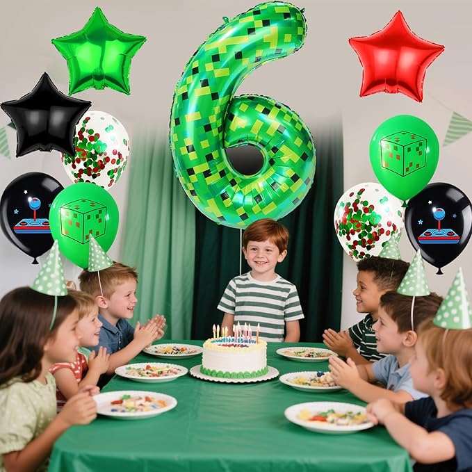 40in TNT Pixel Number 6 Balloon Birthday Decorations, Miner Theme Green Foil Balloons Blast Gaming Party Supplies