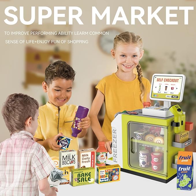 Cash Register Playset for Kids - 48PCS Pretend Play Money, Calculator, Scanner, Credit Card and Play Food for Boys and Girls Ages 3+ (668-124)