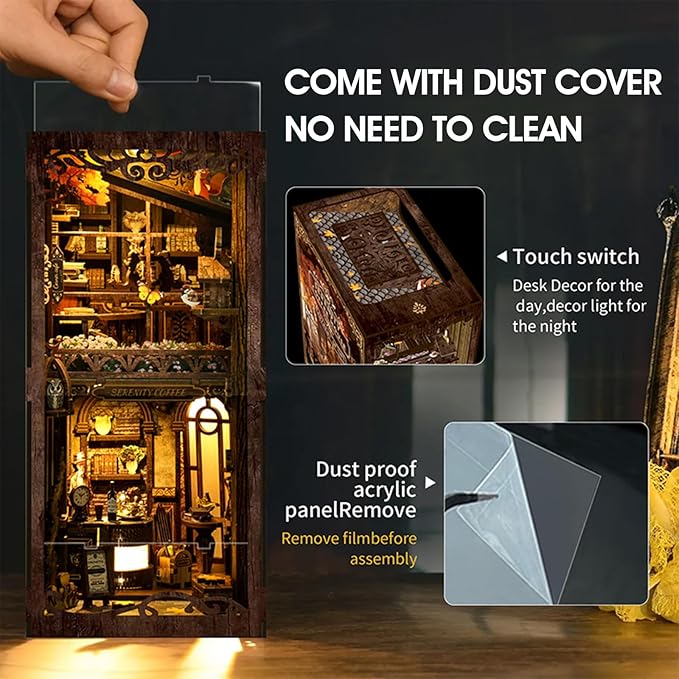 [2025 New] Coffee House Book Nook Kit with Dust Cover & LED Light, DIY Miniature House Kit Toy, 3D Wooden Puzzle Bookshelf Decor Building Kit, Birthday Gifts for Family & Friends