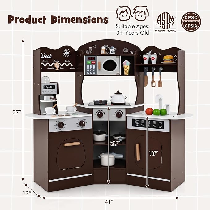 Costzon Corner Play Kitchen, Wooden Kids Kitchen Playset with Lights & Sound, Coffee Maker, Washing Machine, Oven, Microwave, Toddler Toy Kitchen for Pretend Play, Gift for Boys Girls 3+ (Brown)
