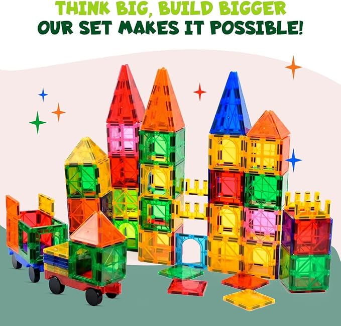 Magnetic Tiles 180 PCS with 2 Cars - STEM Building Blocks for Kids,Safe Magnatiles for 3+ Preschool Toddlers, Educational Gift for Boys & Girls