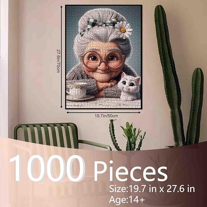 Sweet Grandma 1000 Piece Jigsaw Puzzles for Adults Kitten and Teacup Jigsaw Puzzle for Challenging Family Activity Game Granny Tea Time Artwork Puzzle for Home Decor Unique Gifts 20x27 Inches