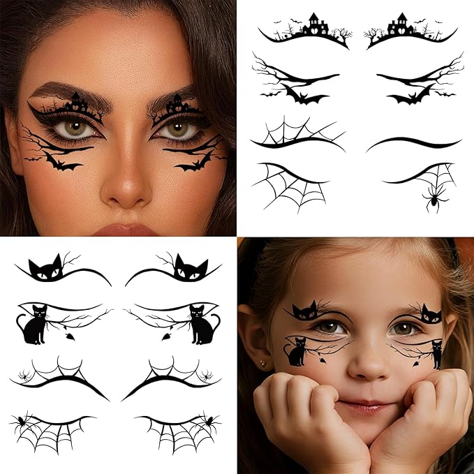 24 PCS Halloween Makeup Eye Temporary Tattoos Waterproof, Upper & Lower Lash Design Spider Web Bat Eyeliner Eye Shadow Tattoos Makeup Kit for Adult Women Men Girls Cosplay Halloween Party Decals