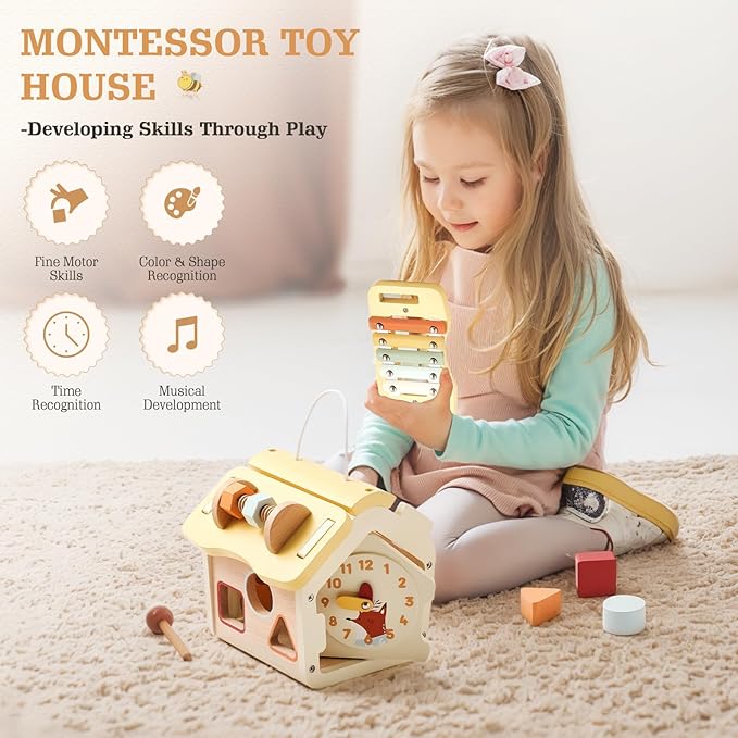 let's make Wooden Activity Cube 10-in-1 Montessori Toys Multi-Functional House Educational Toys Sensory Learning Activity Cube for Toddlers Babies 1st Birthday Gift
