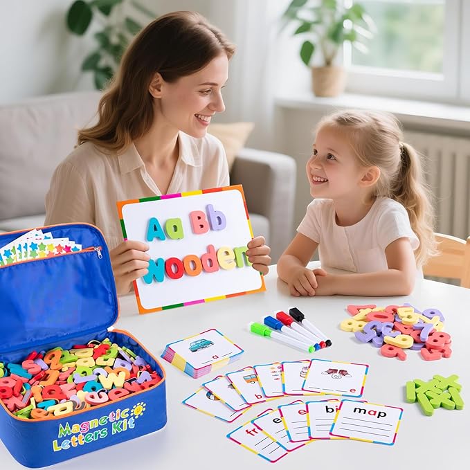 Sundaymot Magnetic Alphabet Letters Kit，310 Pcs with Magnetic Board and Organizer Bag, Upper and Lower Case Wooden Letters， Educational Toy Set for Classroom Kids Learning Spelling