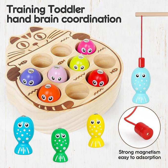 Wooden Magnetic Fishing Game for Toddlers 3-5,Montessori Preschool Education Activities Learning Fine Motor Skills Color Sorting Magnet Fish Toys Easter Gift for Boys Girls