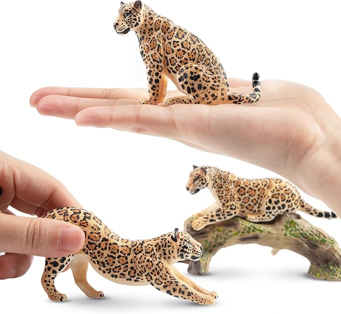 Toymany 7PCS Jaguars Figurines with Jaguars Cub and Tree Trunk, Realistic Jungle Animals Figures Family Playset, Educational Toy Cake Toppers