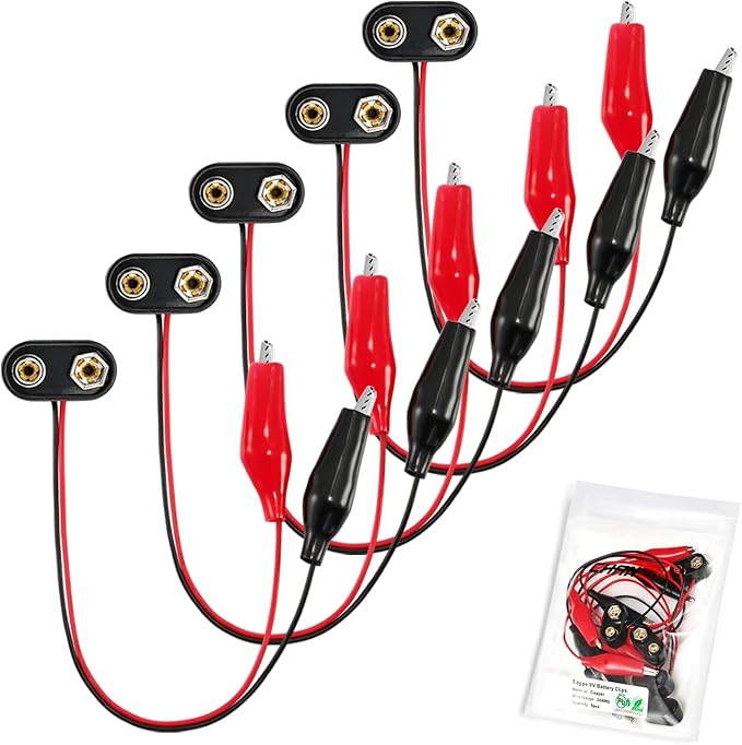 CHANZON UL Wires Battery 9v Alligator Clips Battery Snap in Connector,5 Pcs Plastics T-Type for Arduino LED Strip