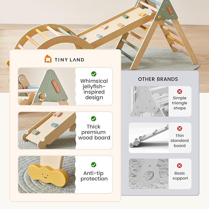 Tiny Land Pikler Triangle Set,7-in-1 Foldable Montessori Toddler Climbing Toys Indoor, Wooden Playground Jungle Gym for Kids, Climber Gift for Boys & Girls Toddler Climbing Toys (Morandi)