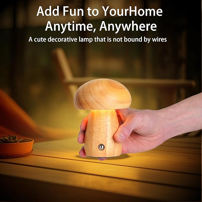 2 PCS Small Wooden Mushroom Lamp, Portable Cordless Rechargeable LED Touch Dimming Night Light, Perfect for Kids' Bedrooms, Nurseries & Gifts for Women, Natural Brown Finish