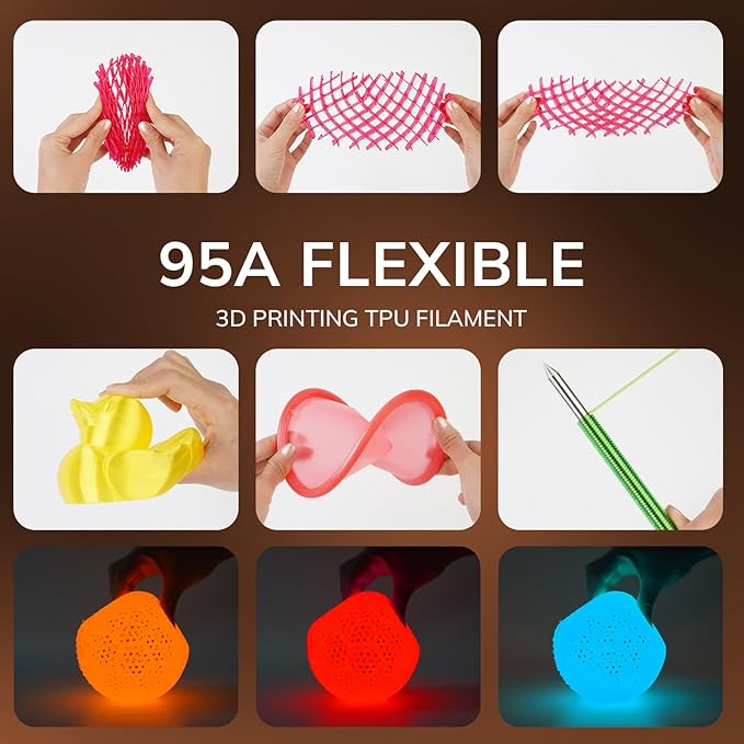 AMOLEN 95A TPU 3D Printer Filament, 1.75mm Glow in The Dark Orange, Soft TPU Flexible 3D Printing Filament, Best with UV Lamps, 1kg Spool, Dimensional Accuracy +/- 0.02 mm, Fit Most 3D Printers