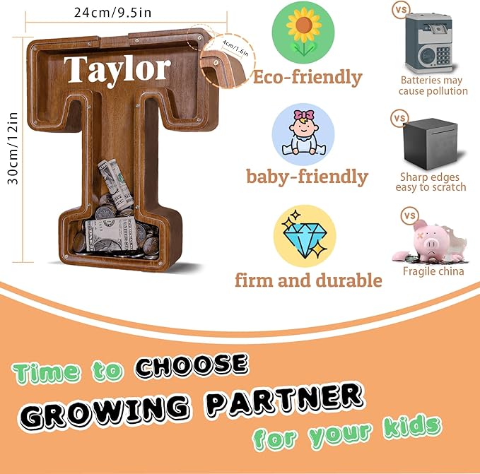 Wooden Letter Piggy Bank for Kids Larger Letter Piggy Bank for Boys and Girls Personalized Piggy Bank Initial Coin Bank Wood Kids Money Bank for Birthday and Festival