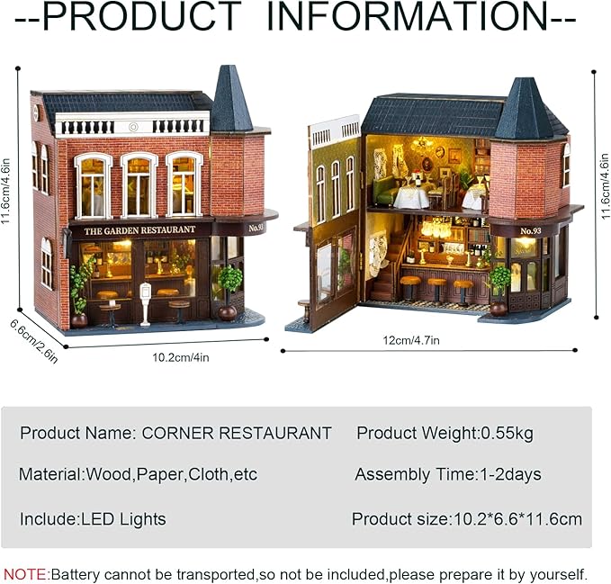 DIY Miniature House Kit, CUTEROOM Wooden Dollhouse Kit Mini House Making Kit with Furnitures, DIY Dollhouse Kit Birthday Gift (Garden Restaurant), D016-US