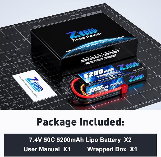 Zeee 7.4V Lipo Battery 2S 50C 5200mAh Lipos Hard Case with T Connector for RC Car Trucks 1/8 1/10 RC Vehicles(2 Packs)
