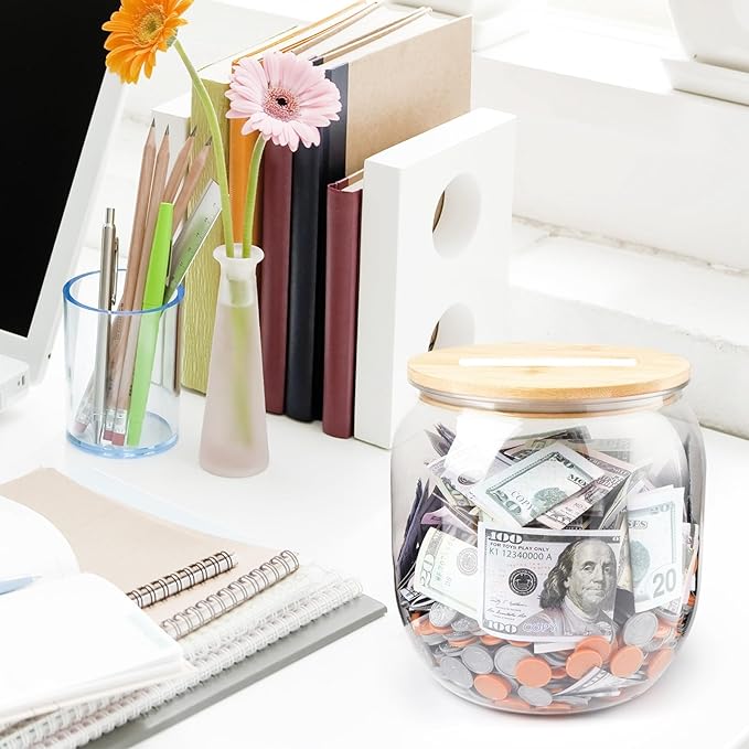 Large Clear Coin Bank Jar with Slotted Lid, Half Gallon Reusable Money Tip Change Savings Coin Jar for Coin or Raffle Ticket, Big Clear Money Coin Tip Piggy Change Bank Box for Adults Teens