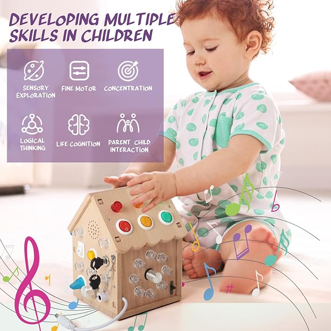 Sound and Light Busy House Wooden Montessori Busy Board, Light Switch Games Toddler Sensory Toys Montessori Toys for 3+ Year Old Gifts for Boys and Girls
