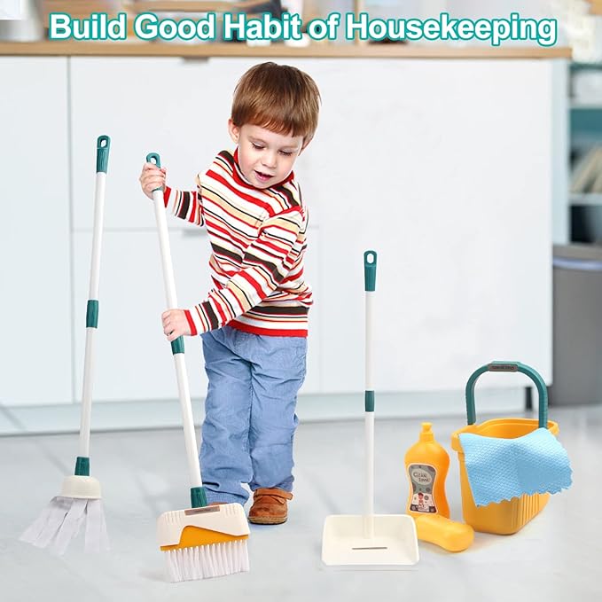 Coolplay 12pcs Mop and Cleaning Toys Set Kids Toddlers Pretend Play Broom Set, Detachable Broom Mop Dustpan for Kids Girl Toys