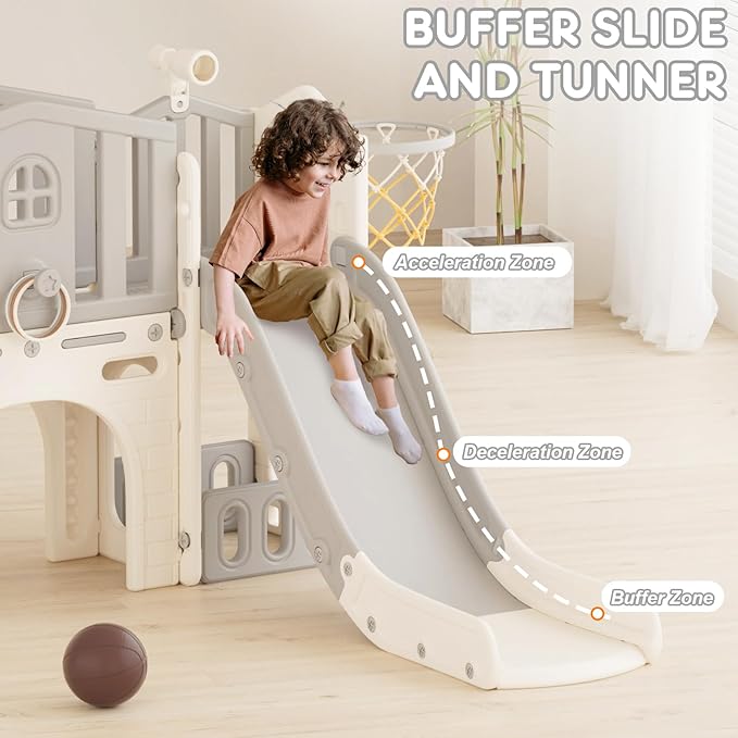 KORIMEFA 7 in 1 Toddler Slide Playset, Kid Slide for Toddlers Age 1-3 with Ring Toss, Basketball Hoop, and Telescope, Indoor Outdoor Slide Toddler Playset Playground, Gray