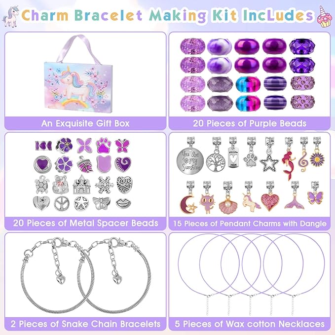 Flasoo DIY Charm Bracelet Making Kit for Girls, Jewelry Making Kit with Unicorn Mermaid Purple Stuff Craft Gift for Birthday, Christmas, New Year