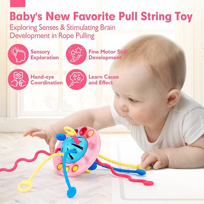 hahaland Pull String Toy - Montessori Toys for 1 Year Old Girl Gifts, Silicone Sensory for Toddlers 1-3, Airplane Toddler Travel Ages 1-2 Stocking Stuffers One Year Old Girl Birthday Gifts