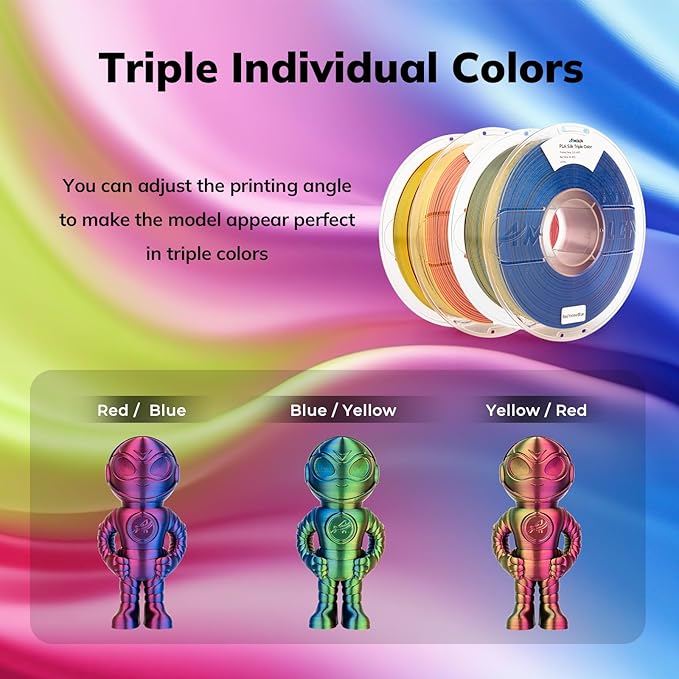 AMOLEN Silk PLA 3D Printer Filament, Tri Color Red Yellow Blue PLA 1.75mm, Shiny Multi Color Change Filament 3D Printing PLA Filament for Most FDM 3D Printer, 1kg Spool(2.2lbs)