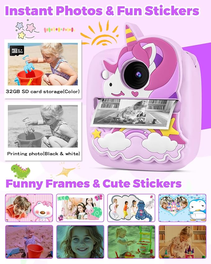 Kids Camera Instant Print, Christmas Birthday Gifts for Gils Age 3-8, 48MP &1080P Children Camera with Silicone Cover, Portable Toy Instant Camera for Kids 3 4 5 6 7 8 9 10 Year Old Girls