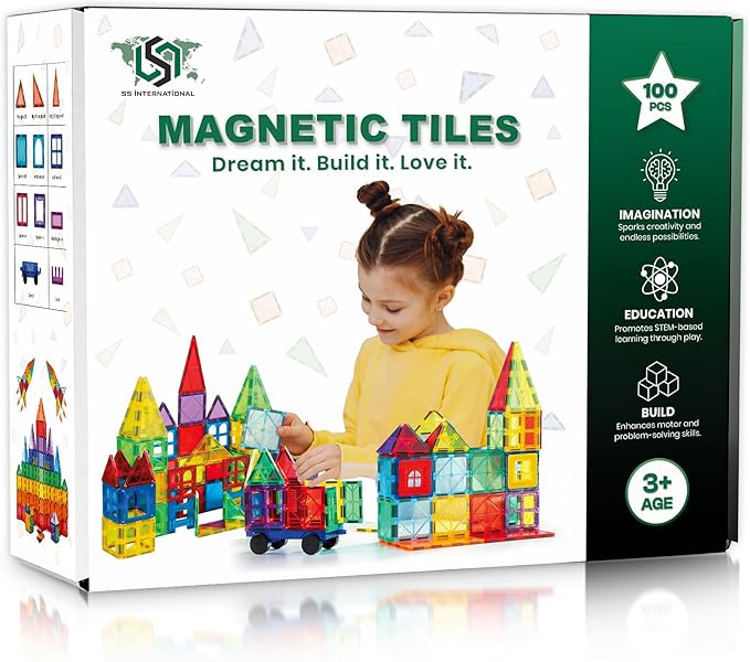 3D Magnetic Tiles 100 Pcs with 2 Cars, Magnet Building Blocks Construction Set, Magnetic Toys for Kids Ages 3-9, Educational STEM Learning Magnet Tiles with Cars