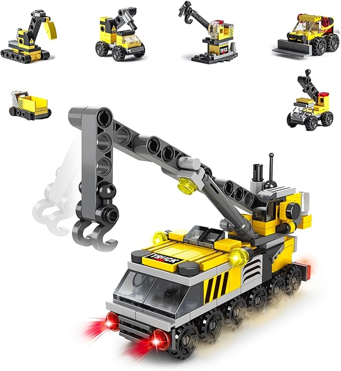 Rescue Construction Truck Building Blocks Set - 7 in 1 Engineering Vehicle Toy with Rotating Crane Arm, Rolling Wheels | STEM Educational Gift for Kids Ages 6-12 | Fire Truck & Emergency Playset