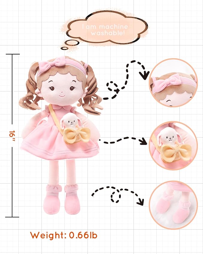 LeyaDoll Personalized Soft Baby Doll Toys (16''), My First Baby Rag Doll for 1 Year-Old Girl Birthday Gift, Christmas Plush Toys Gift for Toddler Kids Infants-Daydream-Mia-and-Her-Pet-Bunny