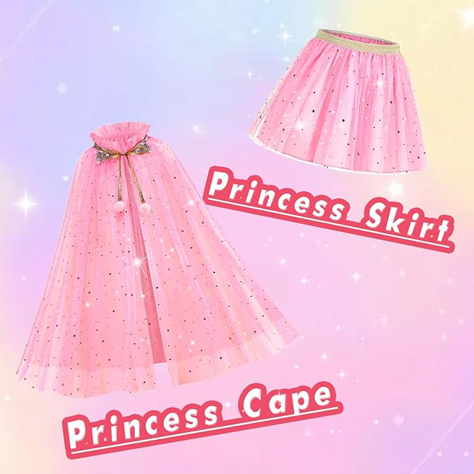 Princess Cape Set for Little Girl, 11PCS Princess Dress Up Clothes Cape Clock with Skirt for Girl 3-8 Birthday Gift