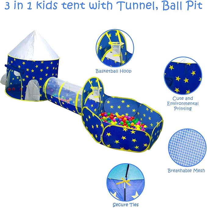 PigPigPen 3pc Kids Play Tent for Boys with Ball Pit, Crawl Tunnel, Princess Tents for Toddlers, Baby Space World Playhouse Toys, Boys Indoor& Outdoor Play House, Perfect Kid’s Gifts