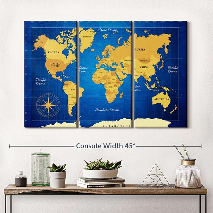ElephantStock Yellow Longitude World Map Multi Piece Canvas - 3 Panel Wall Decor - Map of the World Art - Canvas for the Office and Home - 38" X 24"